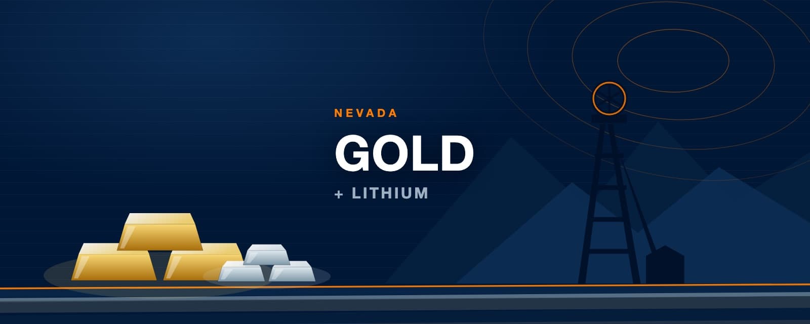 Stacked gold and lithium ingots before a mine headframe