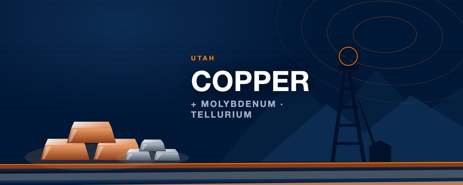Stacked copper and molybdenum ingots before a mine headframe
