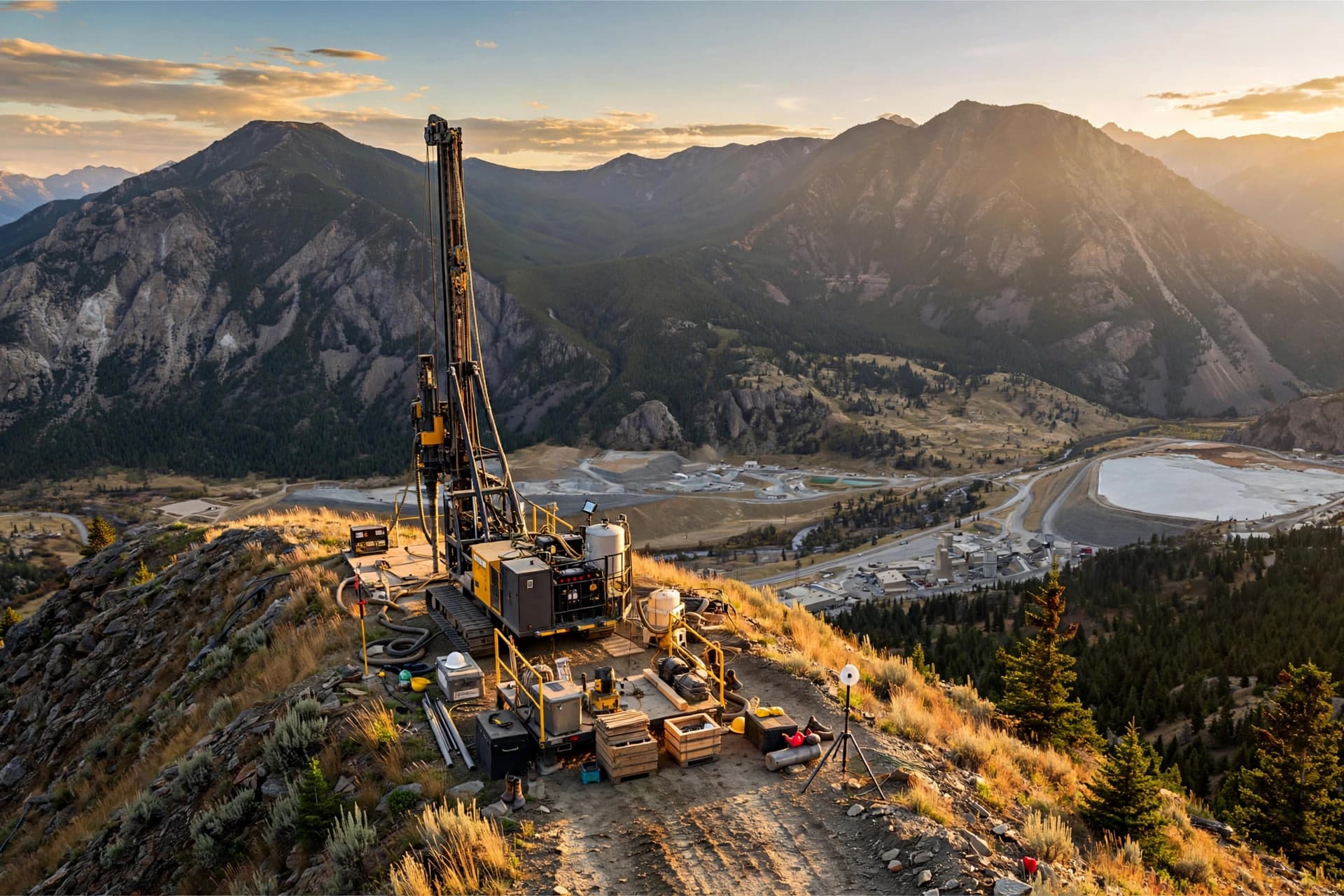 Exploration drill rig on a Montana mountain ridge above a mining district at golden hour