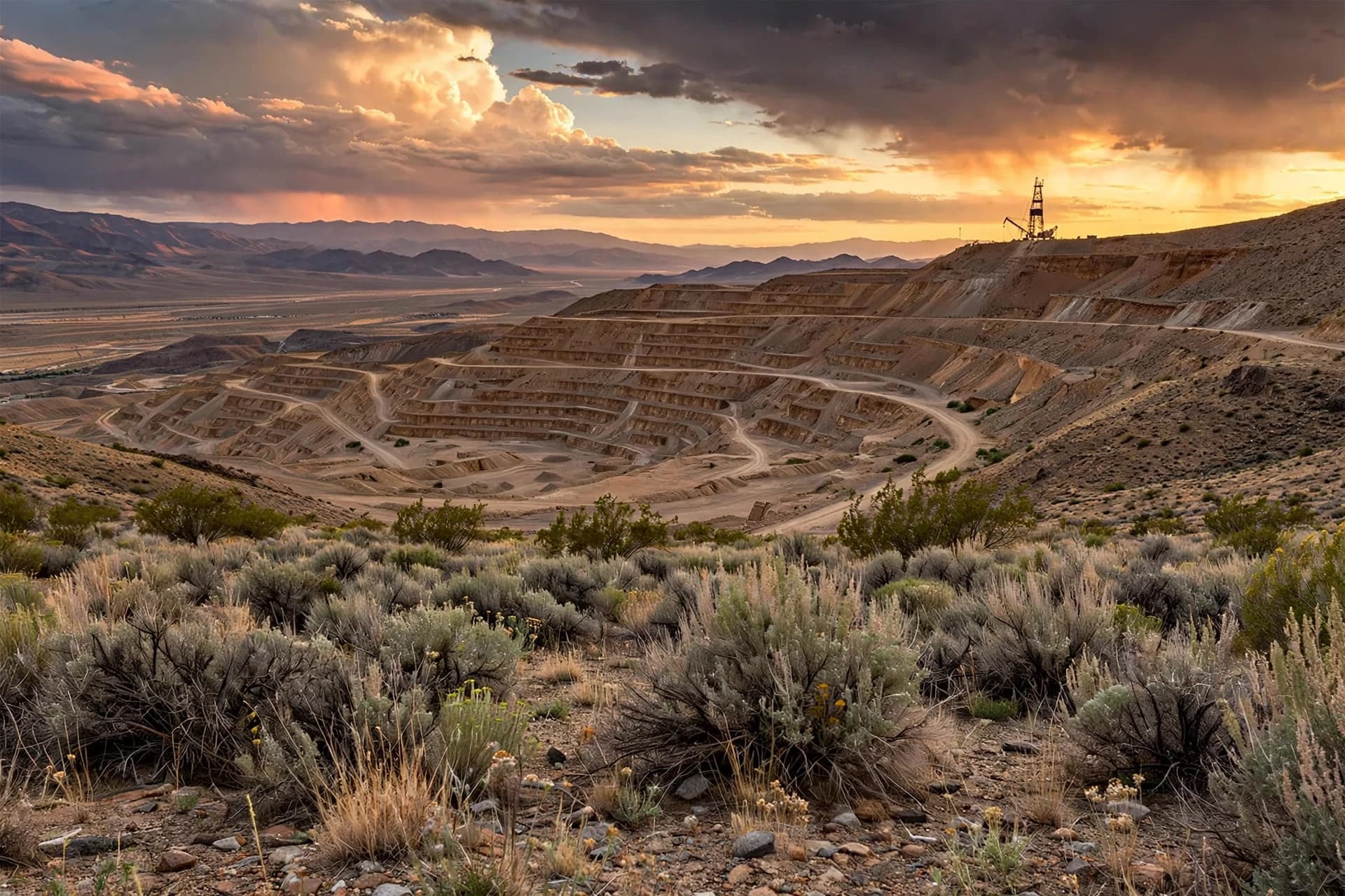 Historic open pit benches in Nevada's Walker Lane desert at golden hour with a drill rig on the ridge