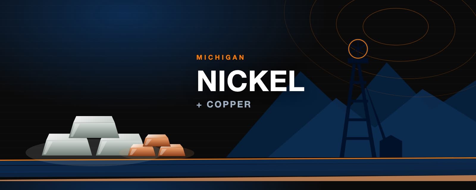 Branded illustration of nickel and copper ingots before a Michigan mine headframe