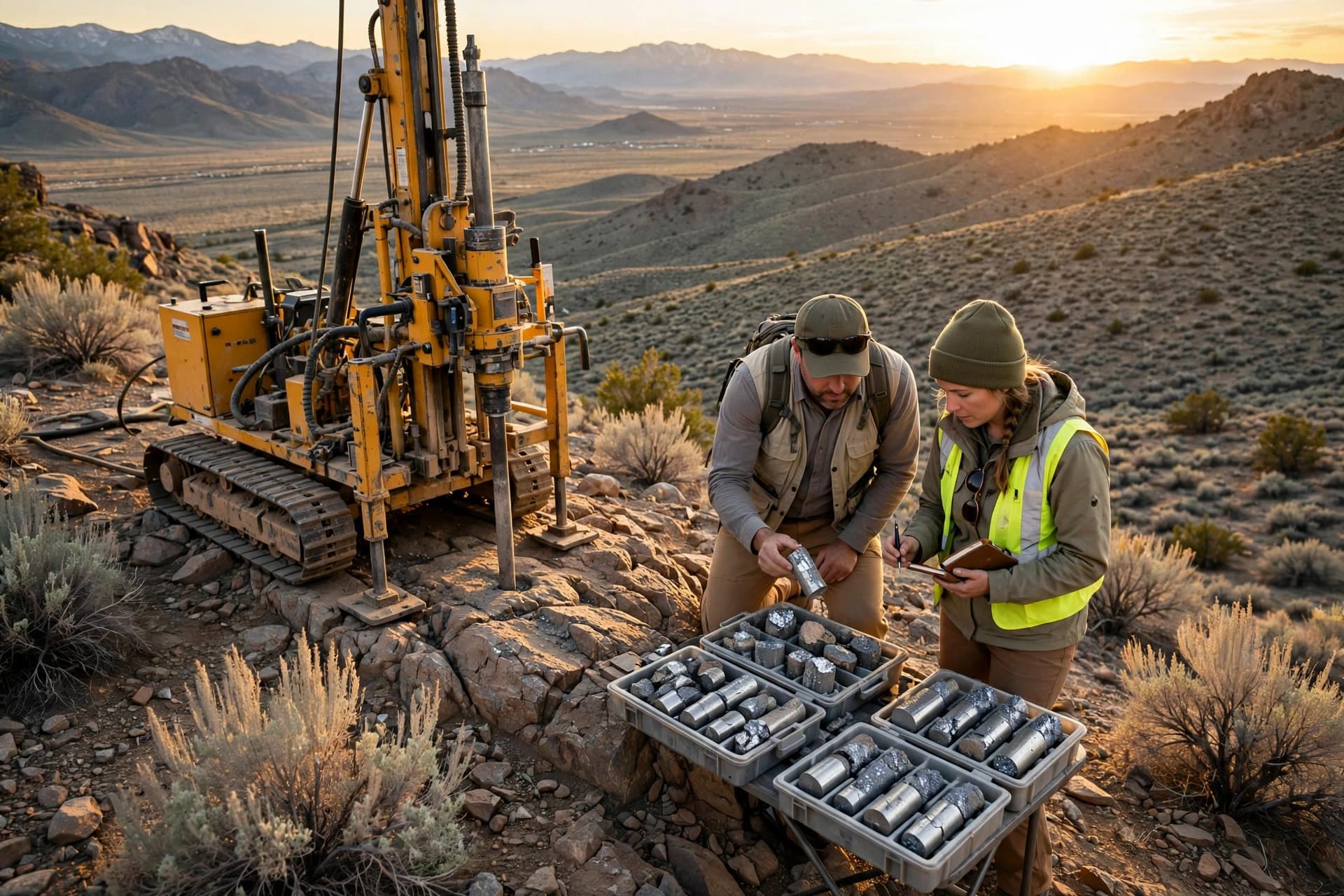 Diamond core drill rig on a rocky high-desert ridge in Owyhee County, Idaho at golden hour, geologists examining core trays