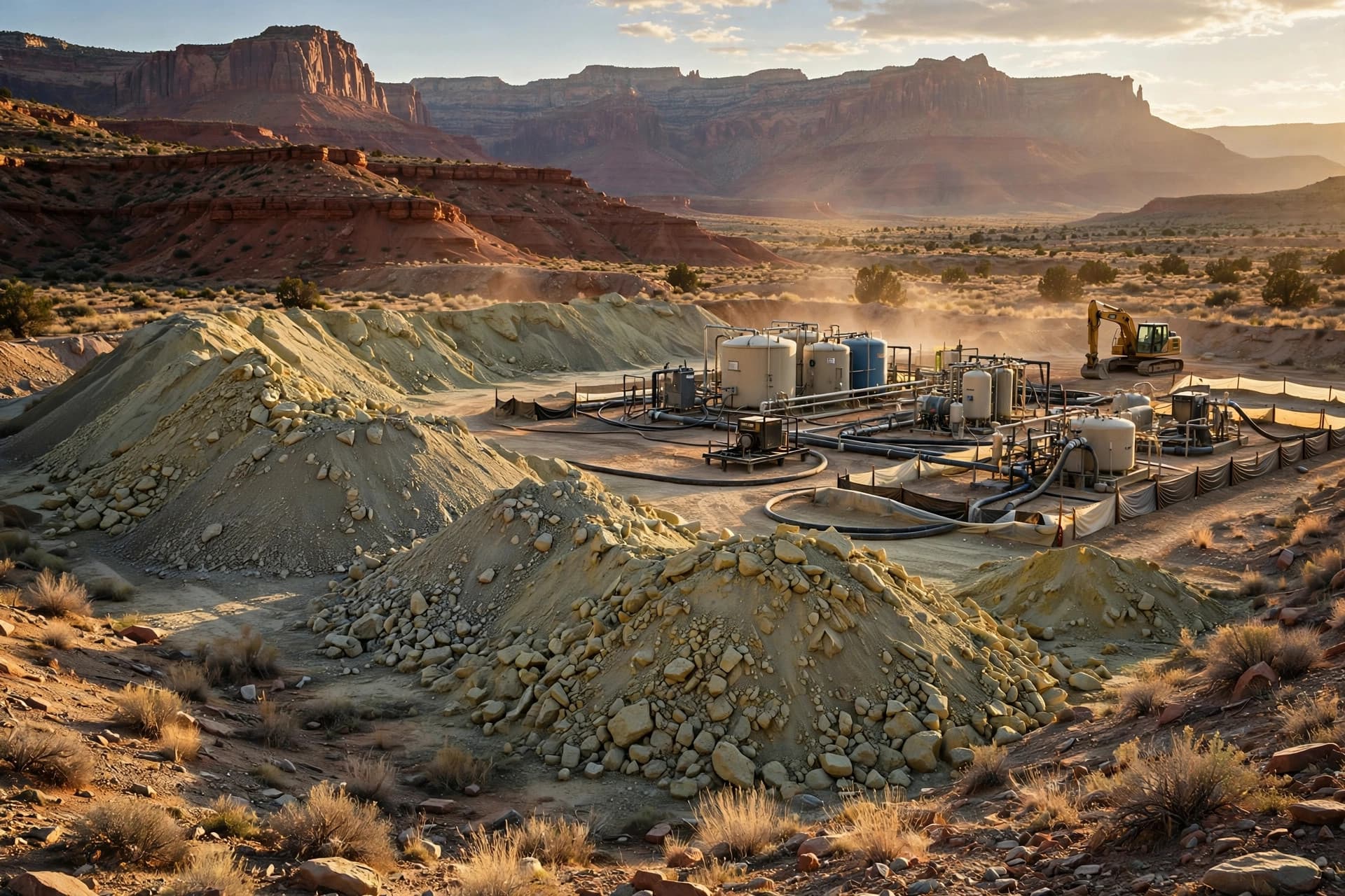 Historic uranium mine waste piles in red-rock desert on the Colorado-Utah border, with remediation equipment at a legacy site