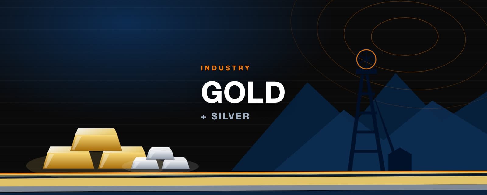 Branded illustration of gold and silver ingots before a mine headframe for video marketing