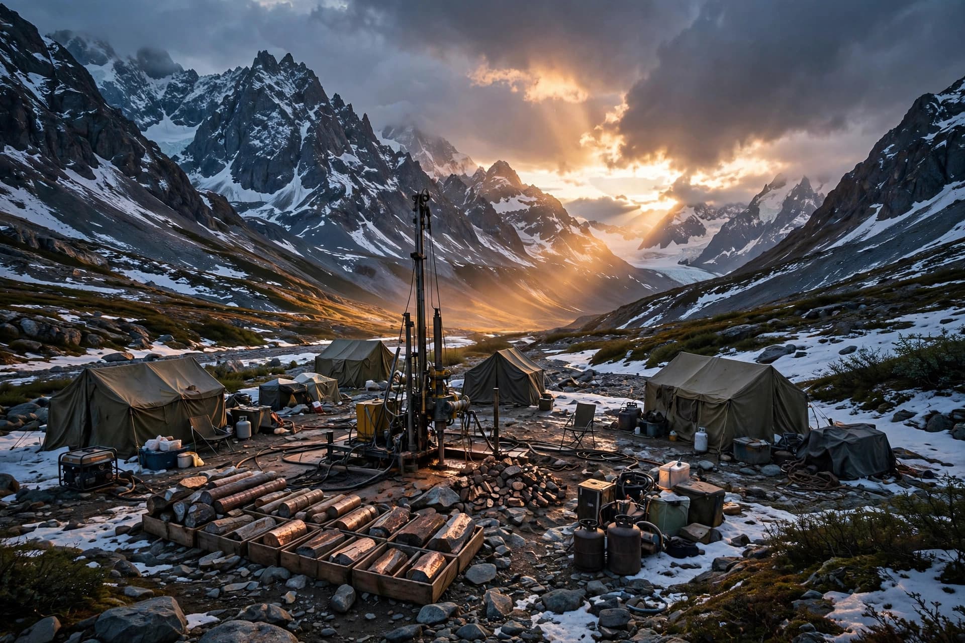 Exploration drill camp in the Alaska Range at dusk