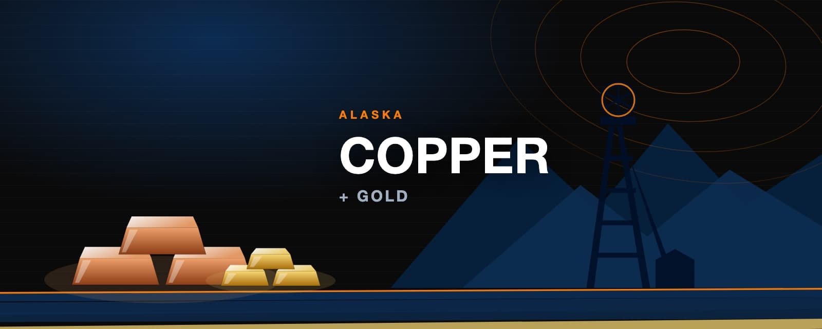 Branded illustration of copper and gold ingots before an Alaska mine headframe