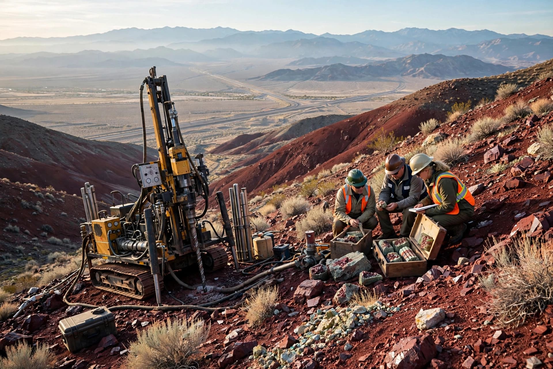 Diamond drill rig on a dark red-brown garnet skarn hillside in west-central Nevada with the Highway 95 valley in the distance, exploration crew examining core in morning light