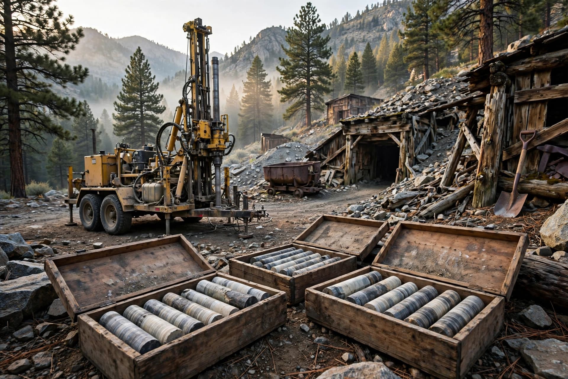 Exploration drill rig beside historic tungsten mine workings in Nevada pine mountains in morning light