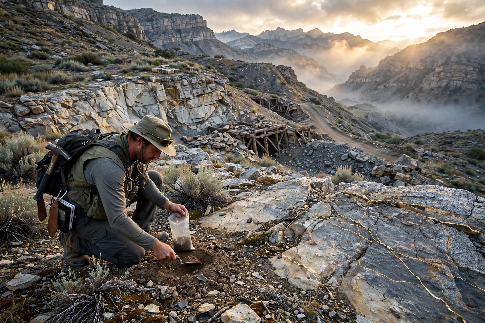 Rugged tungsten skarn mountain terrain in northeastern Nevada with a field geologist sampling rock