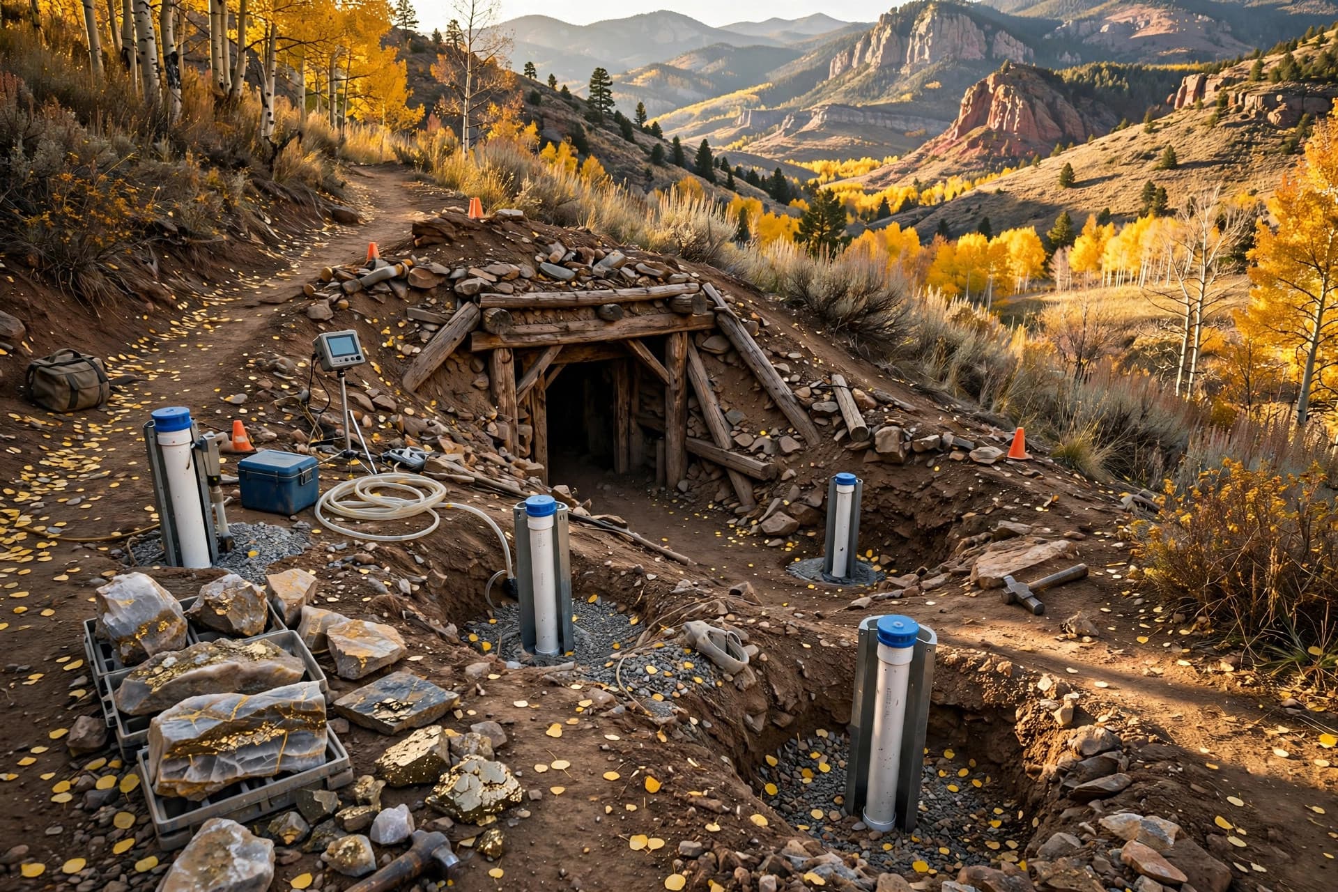Small underground gold exploration site in Colorado mountains with monitoring wells and autumn aspens
