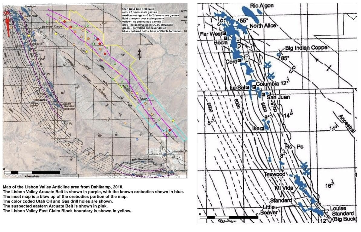 The Lisbon Valley anticline (after Dahlkamp, 2010): the west flank's known orebodies in blue (inset); the suspected eastern Arcuate Belt in pink, inside the Lisbon Valley East claim block (yellow). Map: American Atomics.