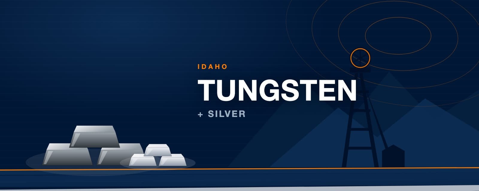 Branded illustration of tungsten and silver ingots before an Idaho mine headframe