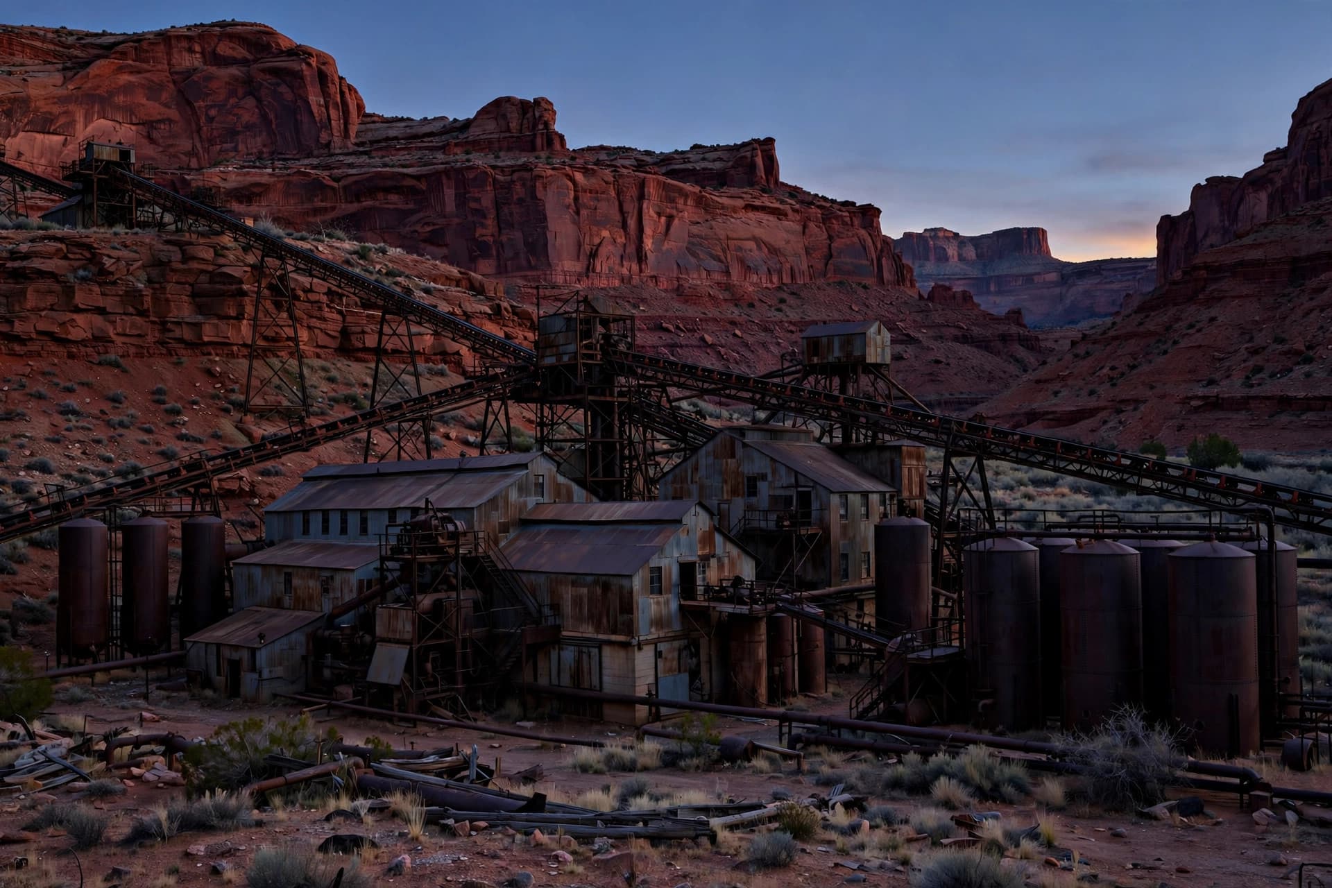 Historic conventional uranium mill buildings and tanks against red sandstone cliffs in Utah canyon country at dusk