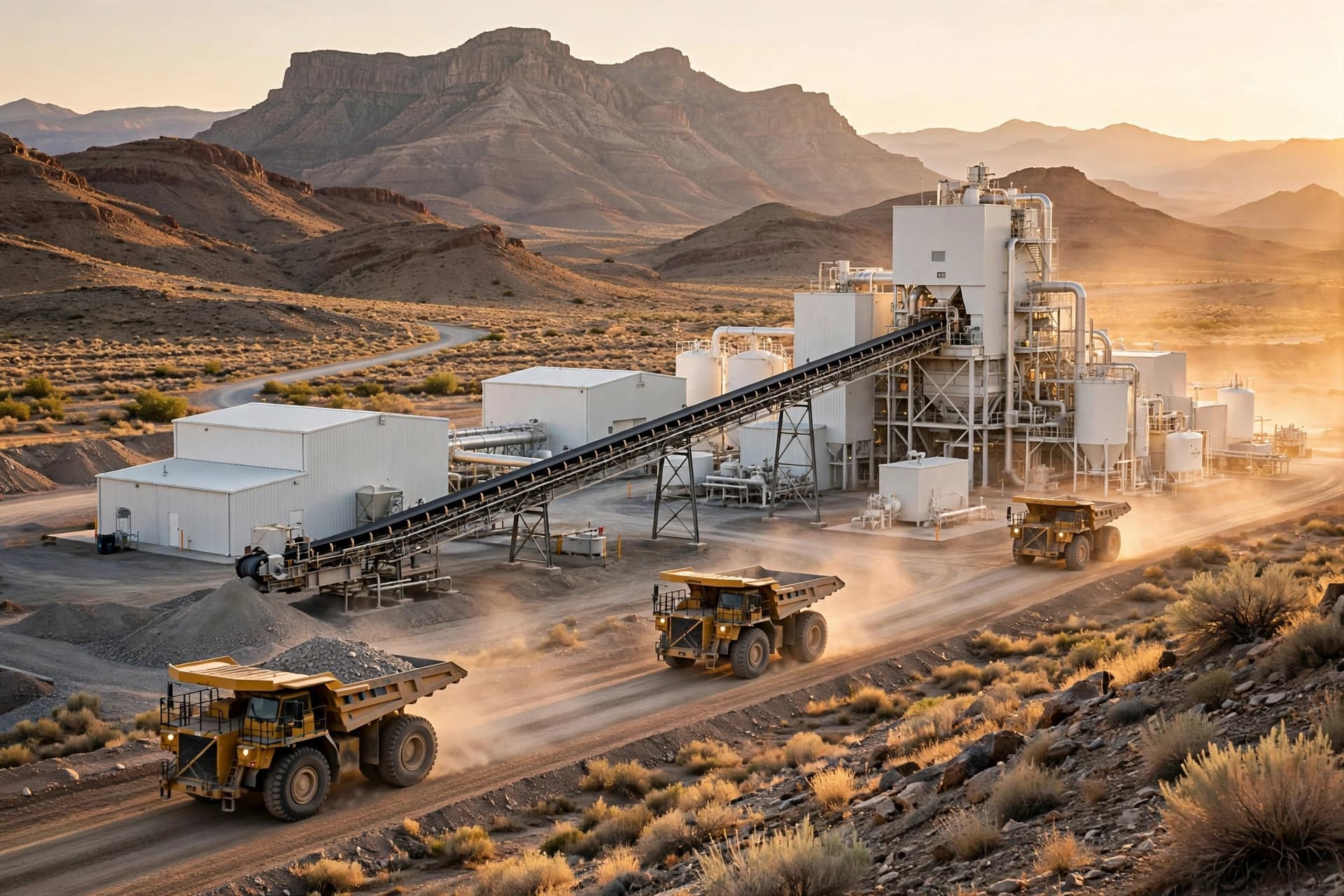 New mineral processing plant in the Utah desert with haul road and Spor Mountain landscape at golden hour