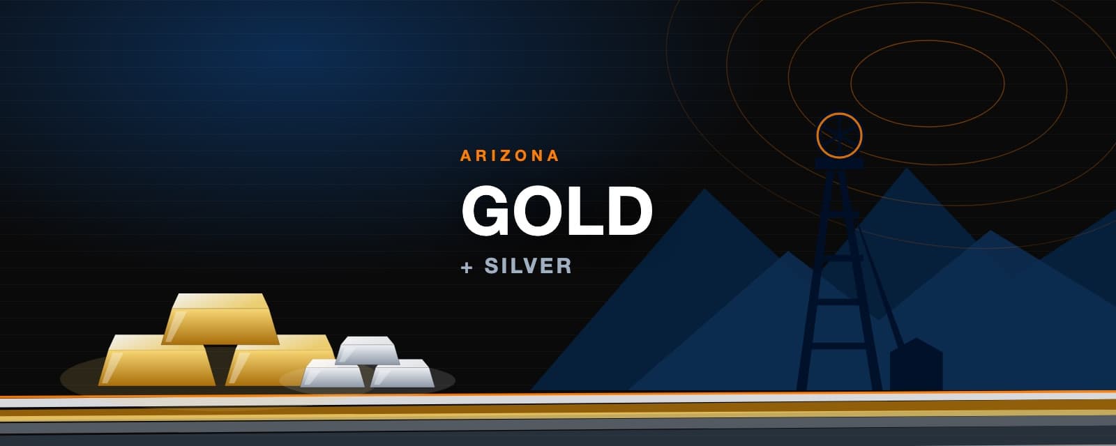 Branded illustration of gold and silver ingots below an Arizona mine headframe