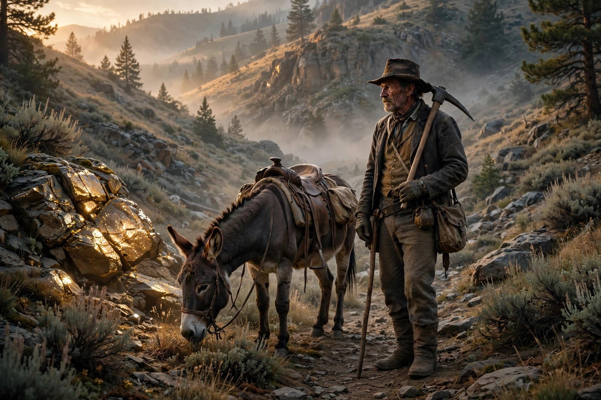 A prospector and his burro in an Idaho gulch at dawn, 1885