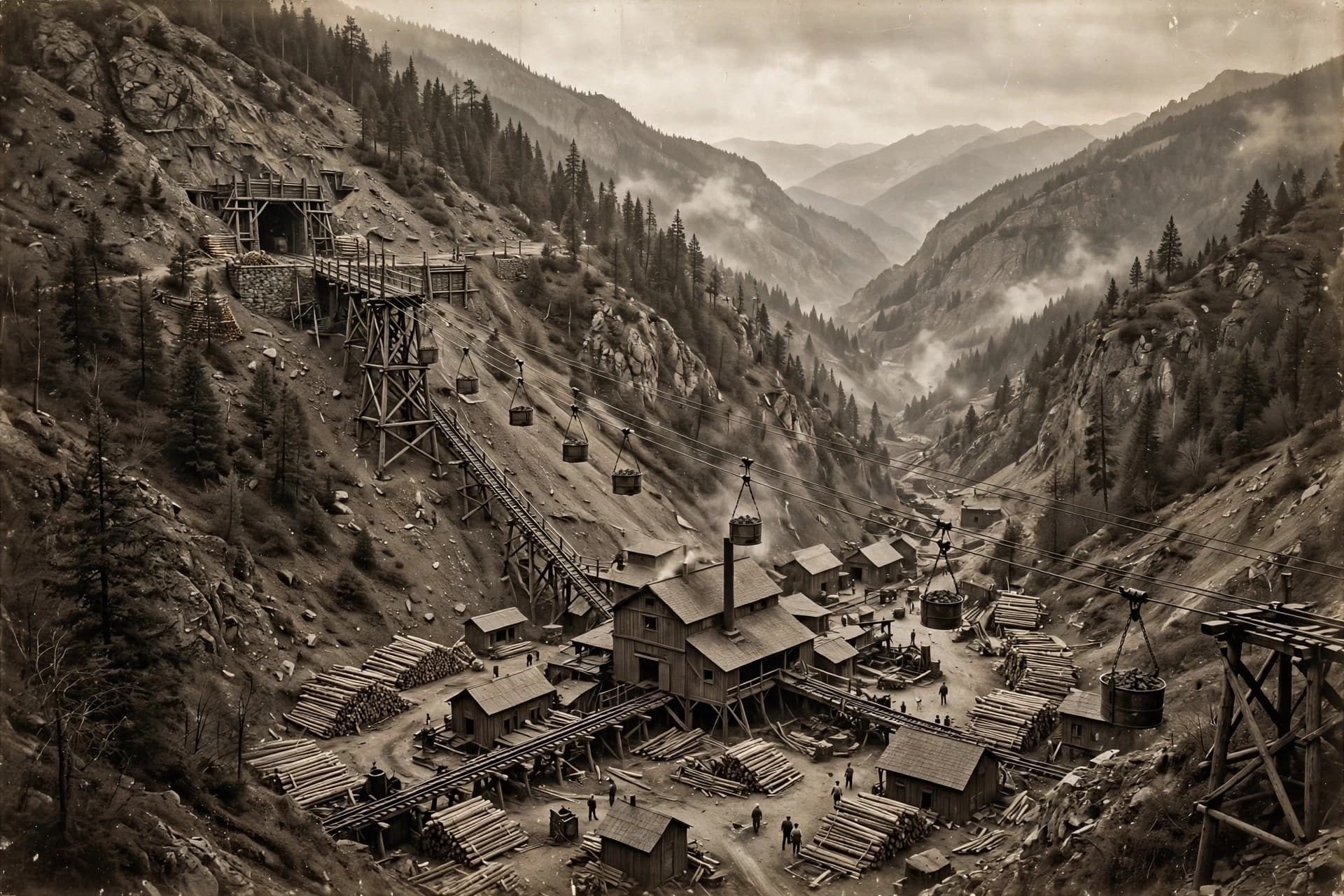 The Bunker Hill works in its glory years — tramway, mill, and the mountain that fed them