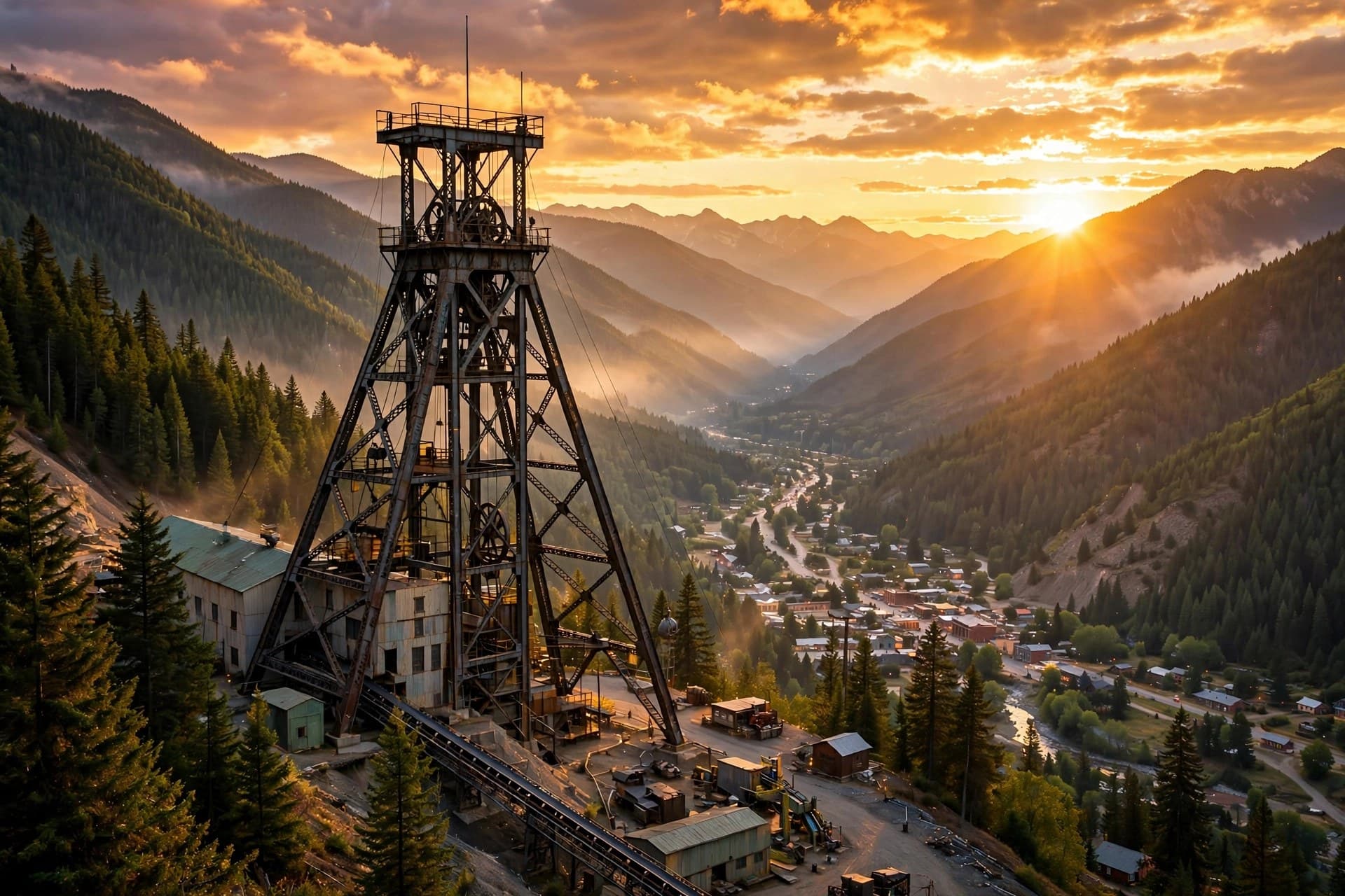 The Bunker Hill mine works in Idaho's Silver Valley at golden hour