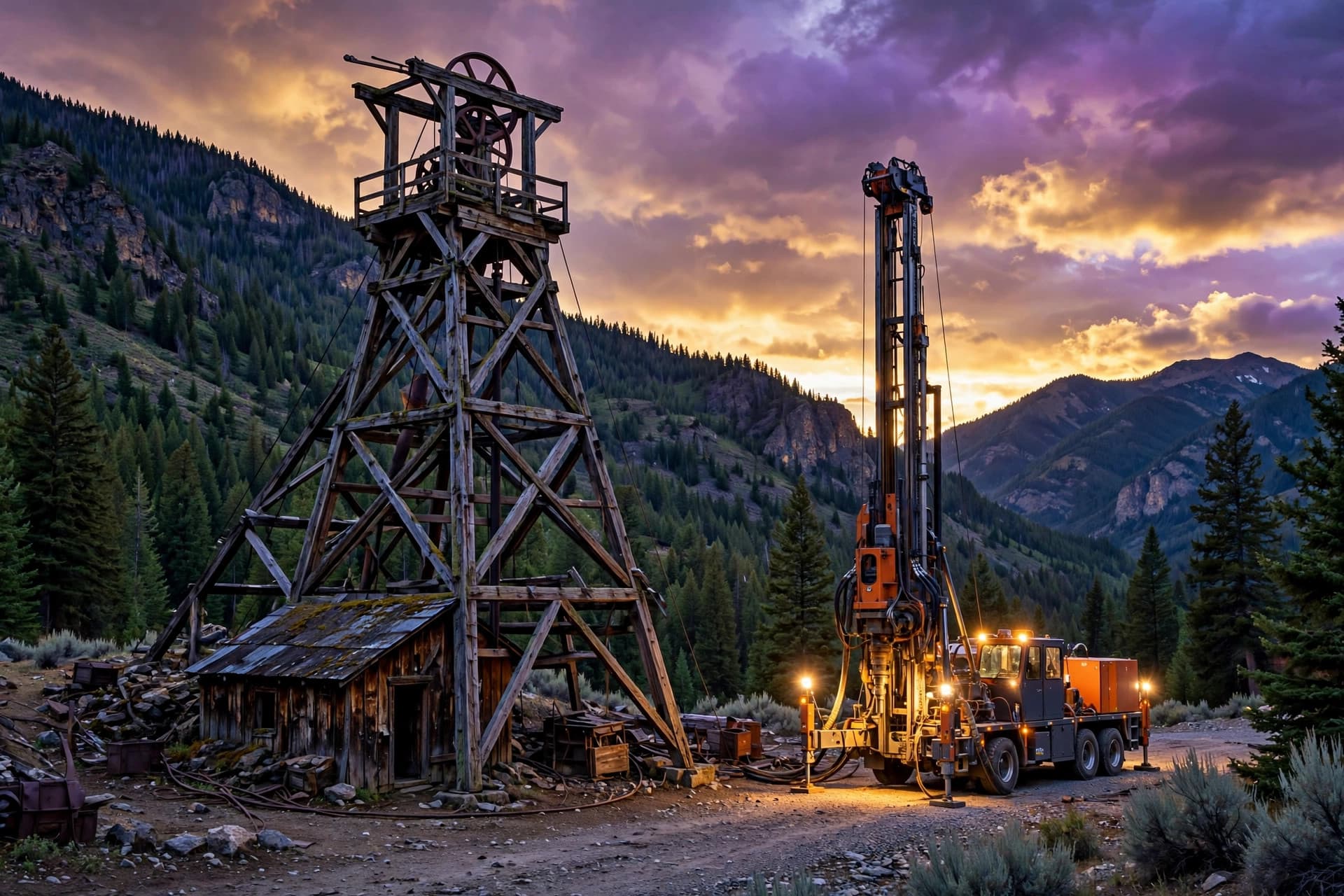 Silver mine headframe and surface drill rig in Idaho's Silver Valley at dusk