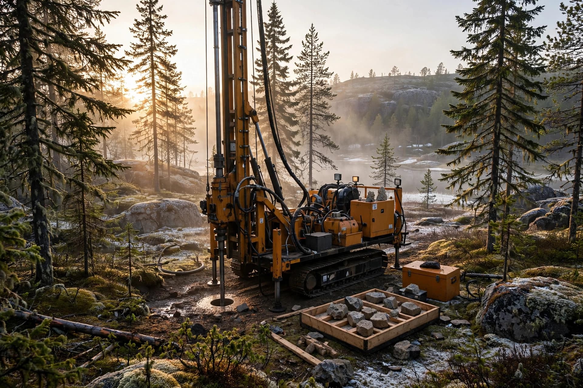 Exploration drill rig in a misty Lapland boreal forest at dawn