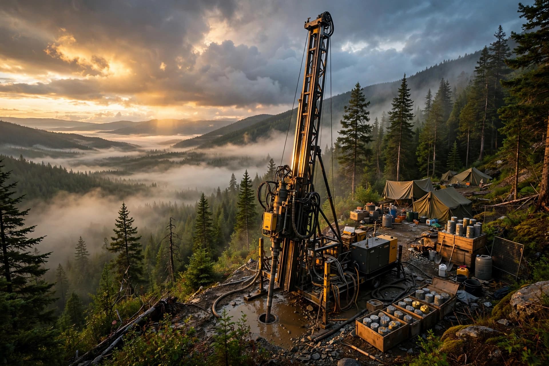 Diamond core drill rig on a forested Idaho mountainside at dawn