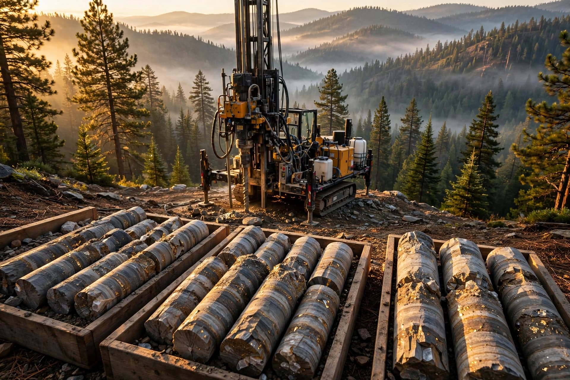 Diamond drill rig at dawn among pine-covered ridges in Idaho gold country, core trays in the foreground