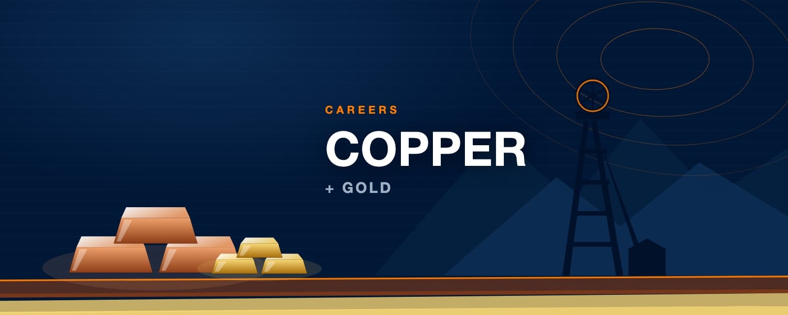 Branded illustration of copper and gold ingots before a mine headframe