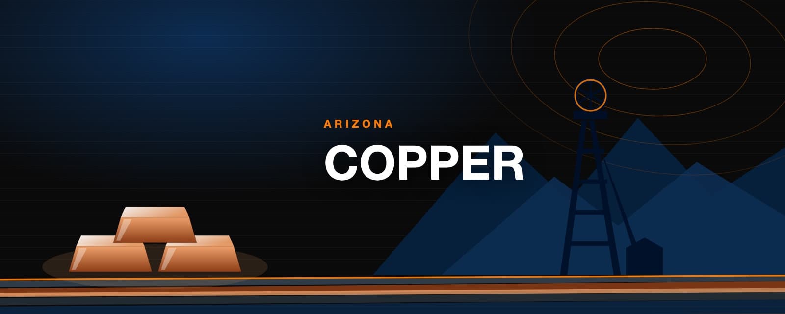 Branded illustration of copper ingots before an Arizona mine headframe