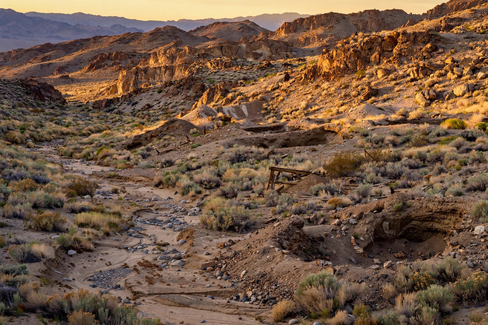 Historic Nevada gold mining district desert landscape in the Walker Lane mineral belt at golden hour
