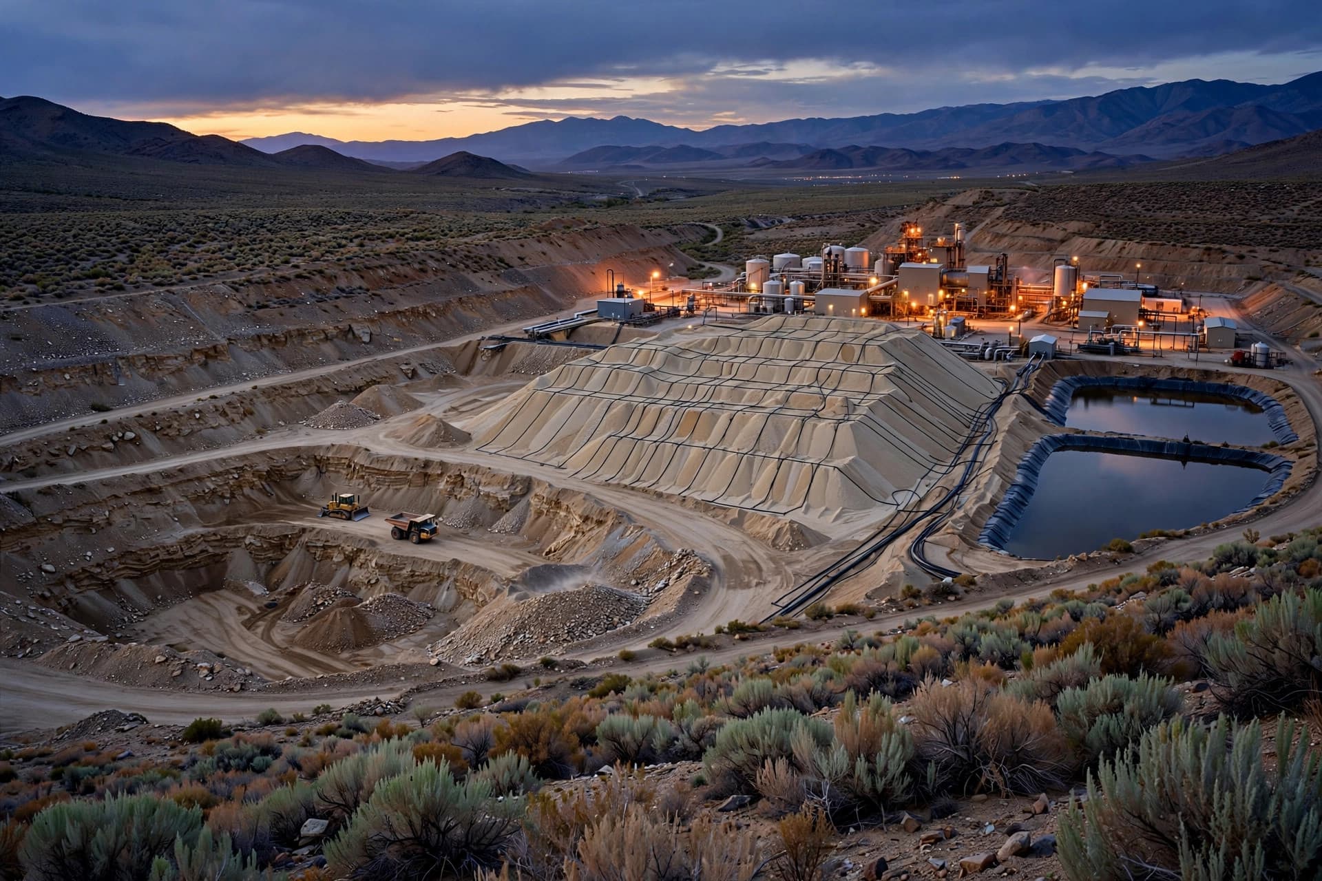 Small open-pit gold mine and heap leach operation in Nevada desert country at dusk