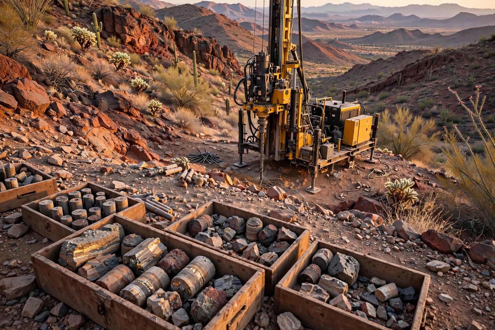Diamond drill rig on a southeast Arizona desert hillside with core boxes in the foreground