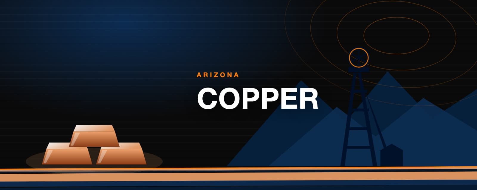Branded illustration of copper ingots below an Arizona mine headframe and radio tower