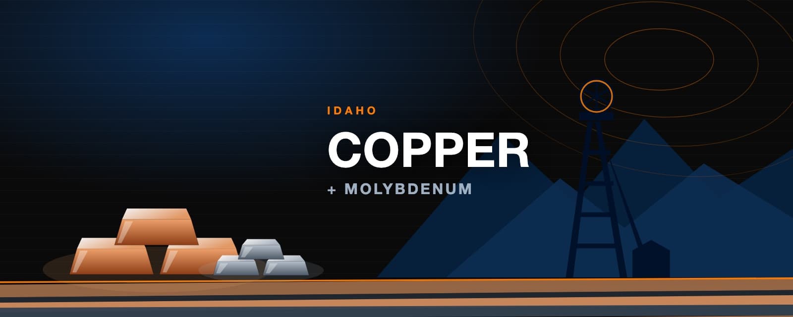 Branded illustration of copper and molybdenum ingots above an Idaho mine headframe