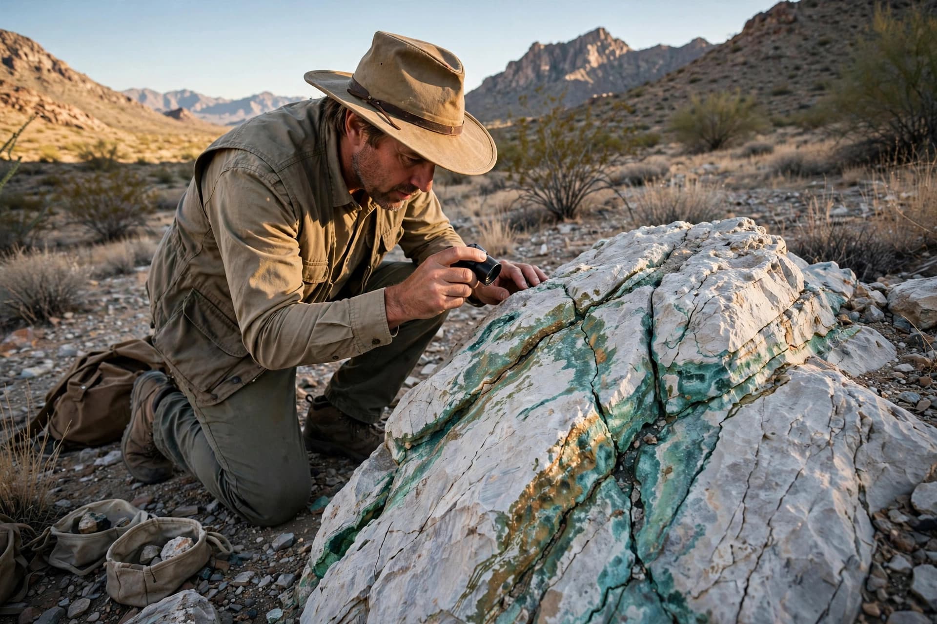 Geologist examining bleached limestone outcrop with copper staining in Arizona desert mountains