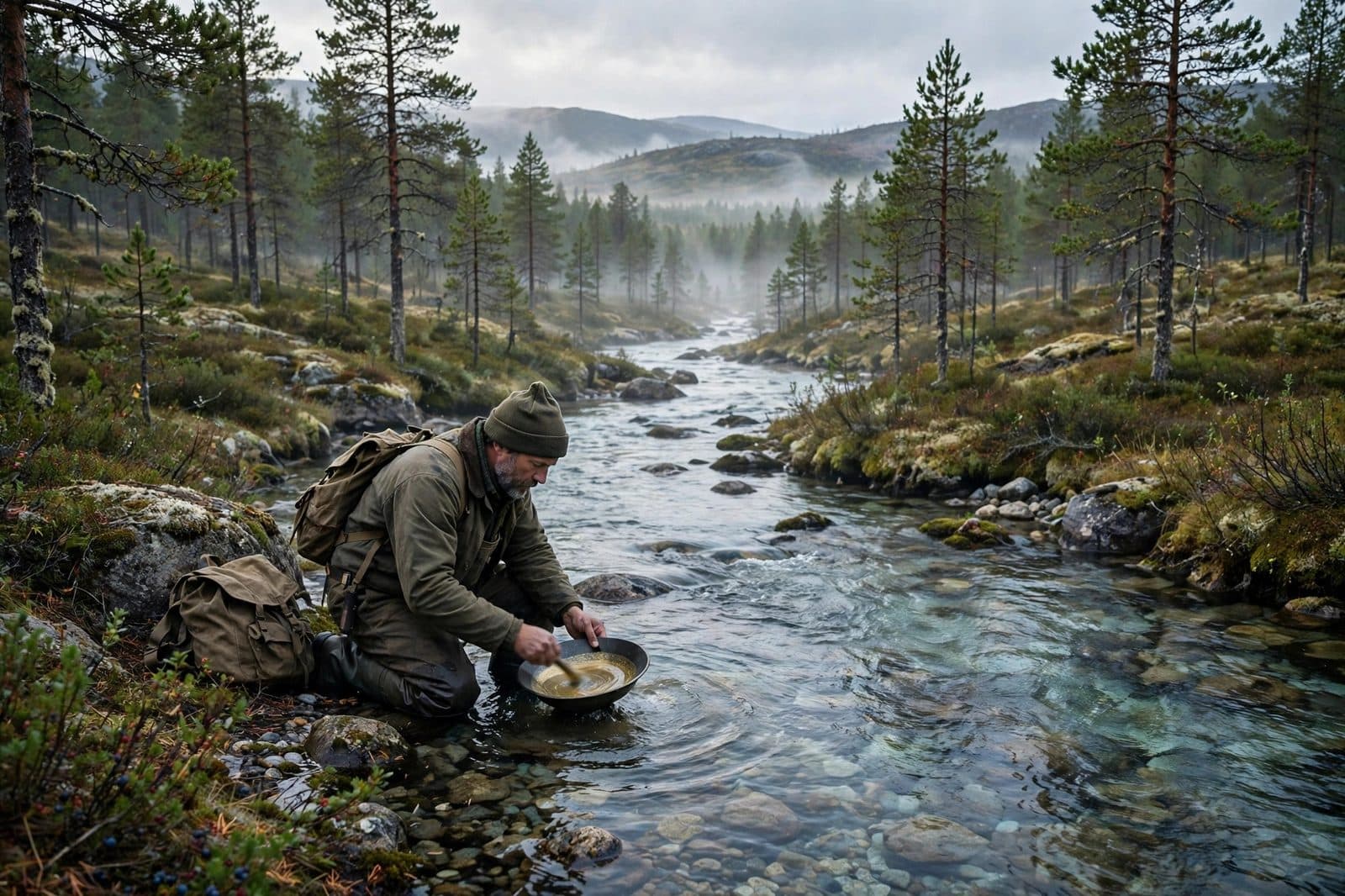 A gold prospector panning in a clear Lapland river beneath boreal forest and misty fells, Finland