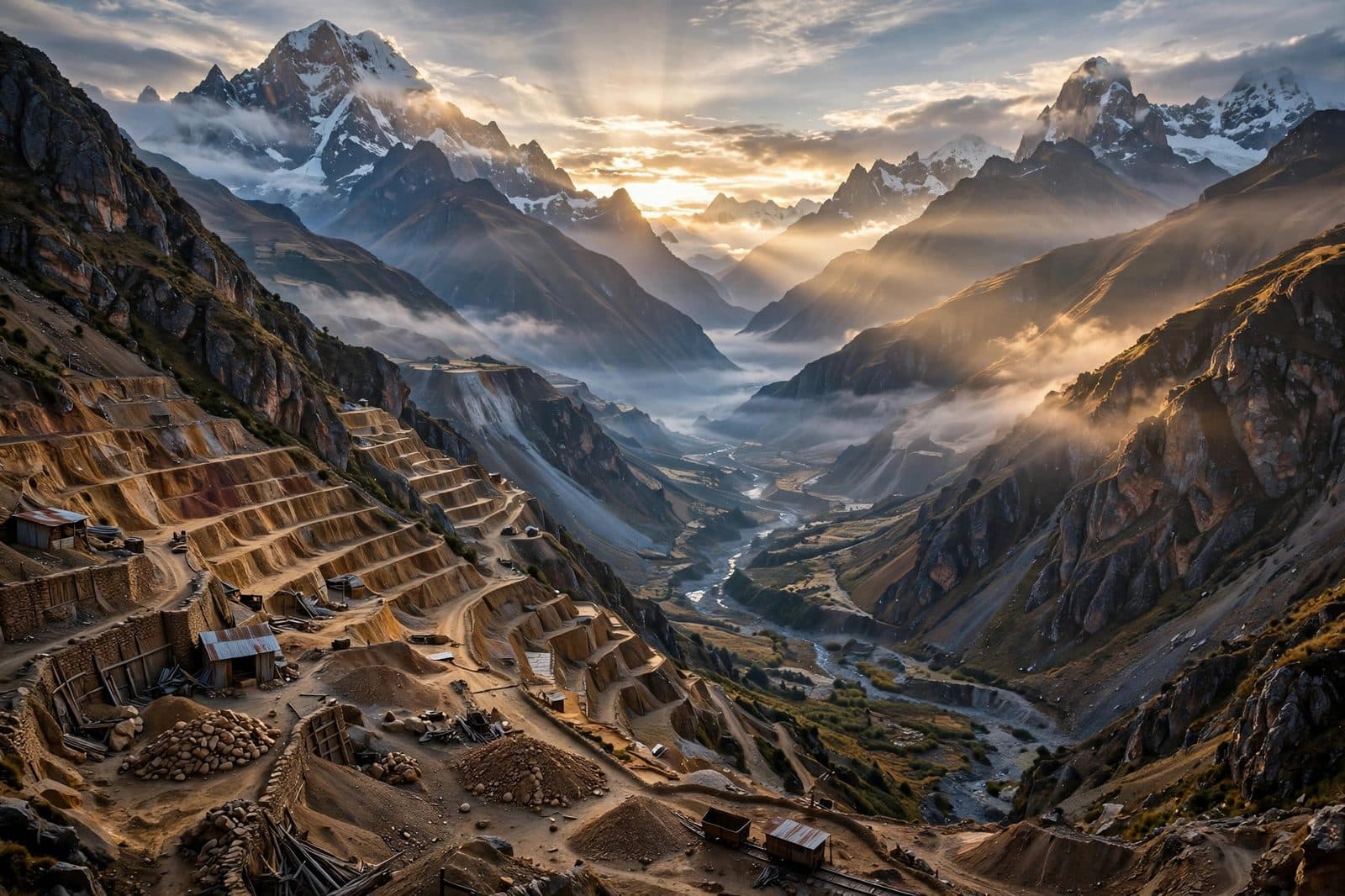 Terraced mine workings on steep Andean slopes at dawn, high in the Peruvian cordillera