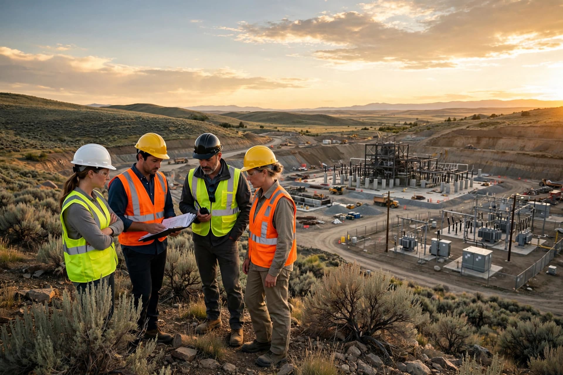 Engineers reviewing a gold mine construction site at golden hour in southeastern Idaho sagebrush hills