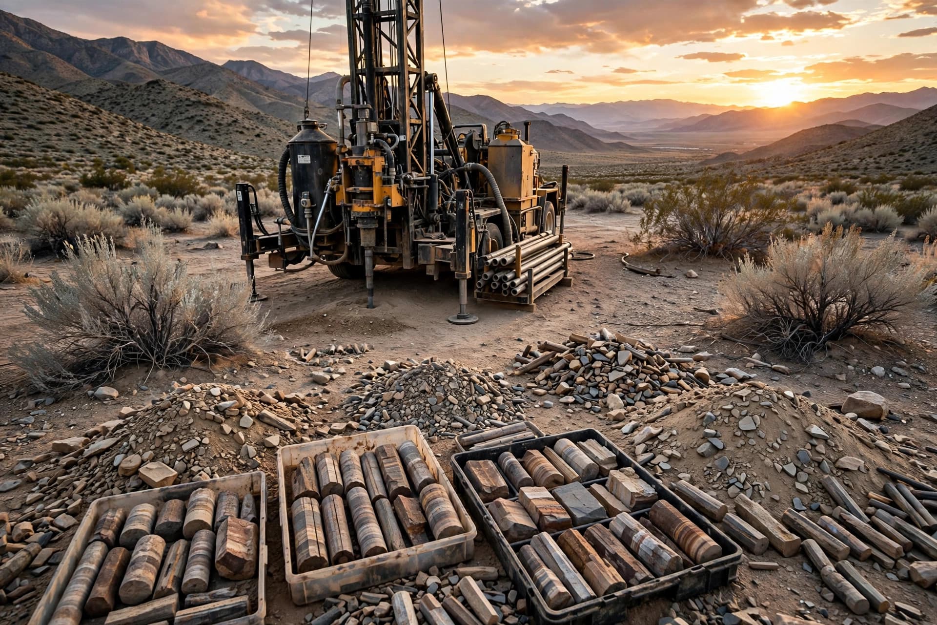Reverse circulation drill rig in Nevada sagebrush mountains at sunset