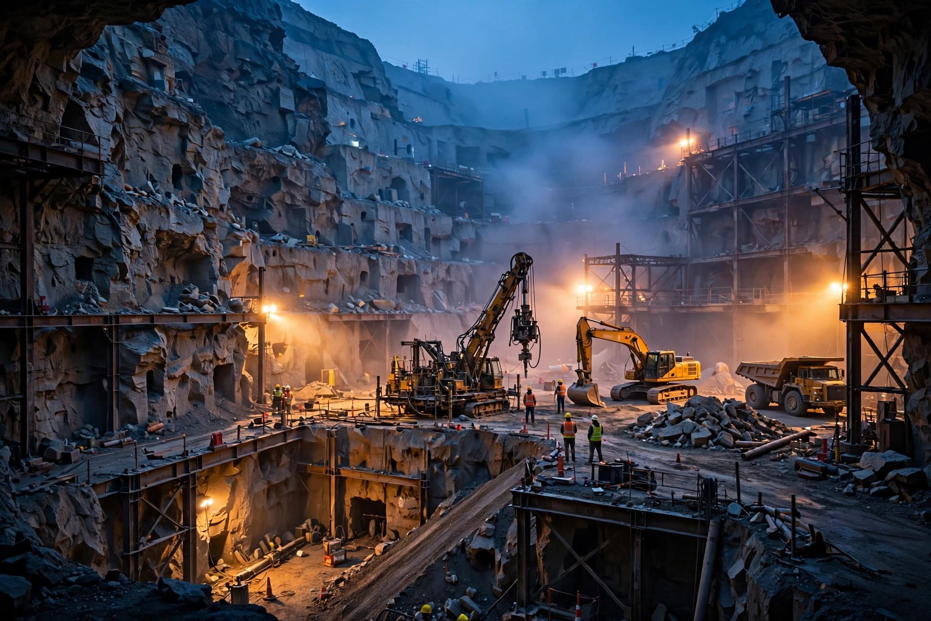 Underground mine shaft under construction at dusk, with drilling equipment and warm industrial lighting