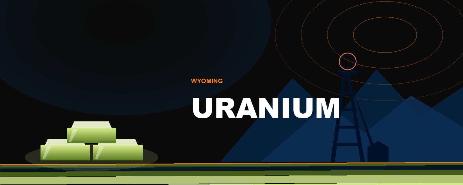 Branded illustration of uranium ingots below a Wyoming ISR wellfield and mine headframe