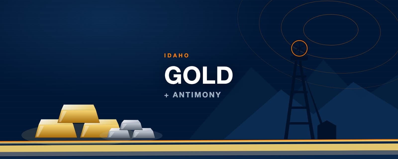 Branded illustration of gold and antimony ingots before an Idaho mine headframe