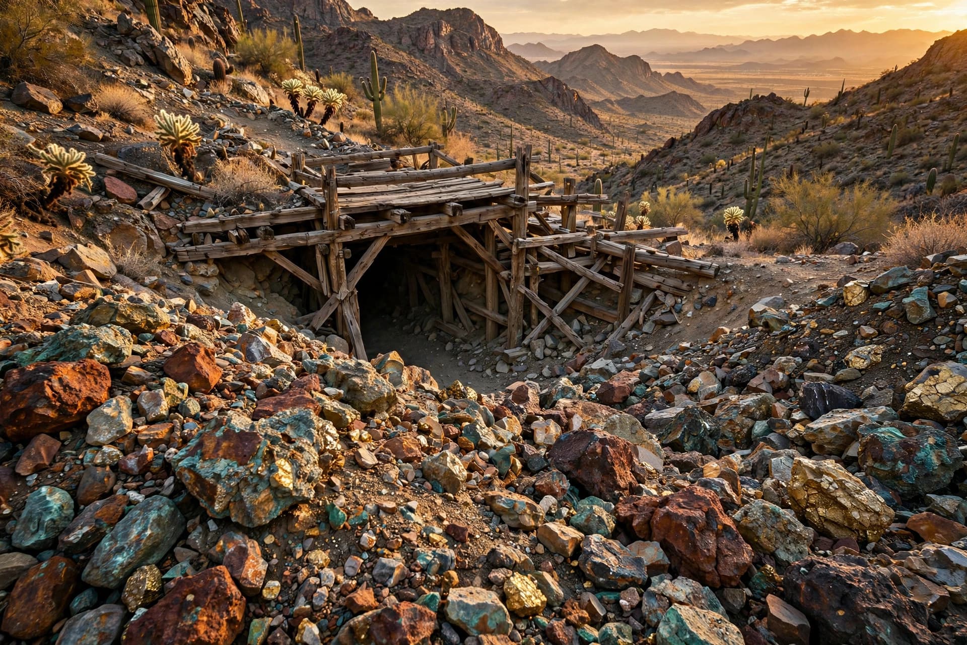 Historic gold mine adit and mineralized stockpiles in rugged Arizona desert mountains at golden hour