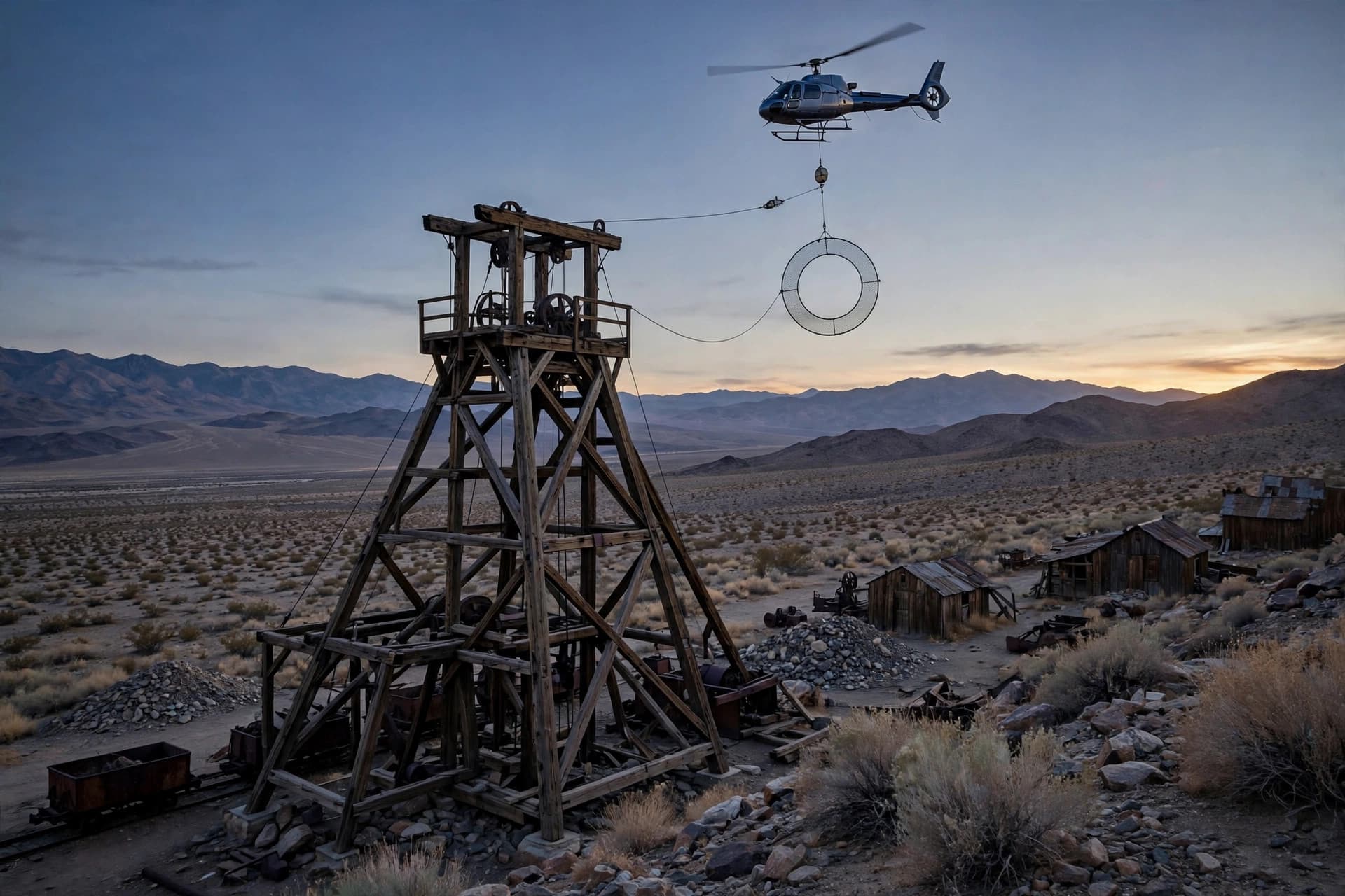 Historic silver mine headframe in the Nevada high desert with a survey helicopter overhead at dusk