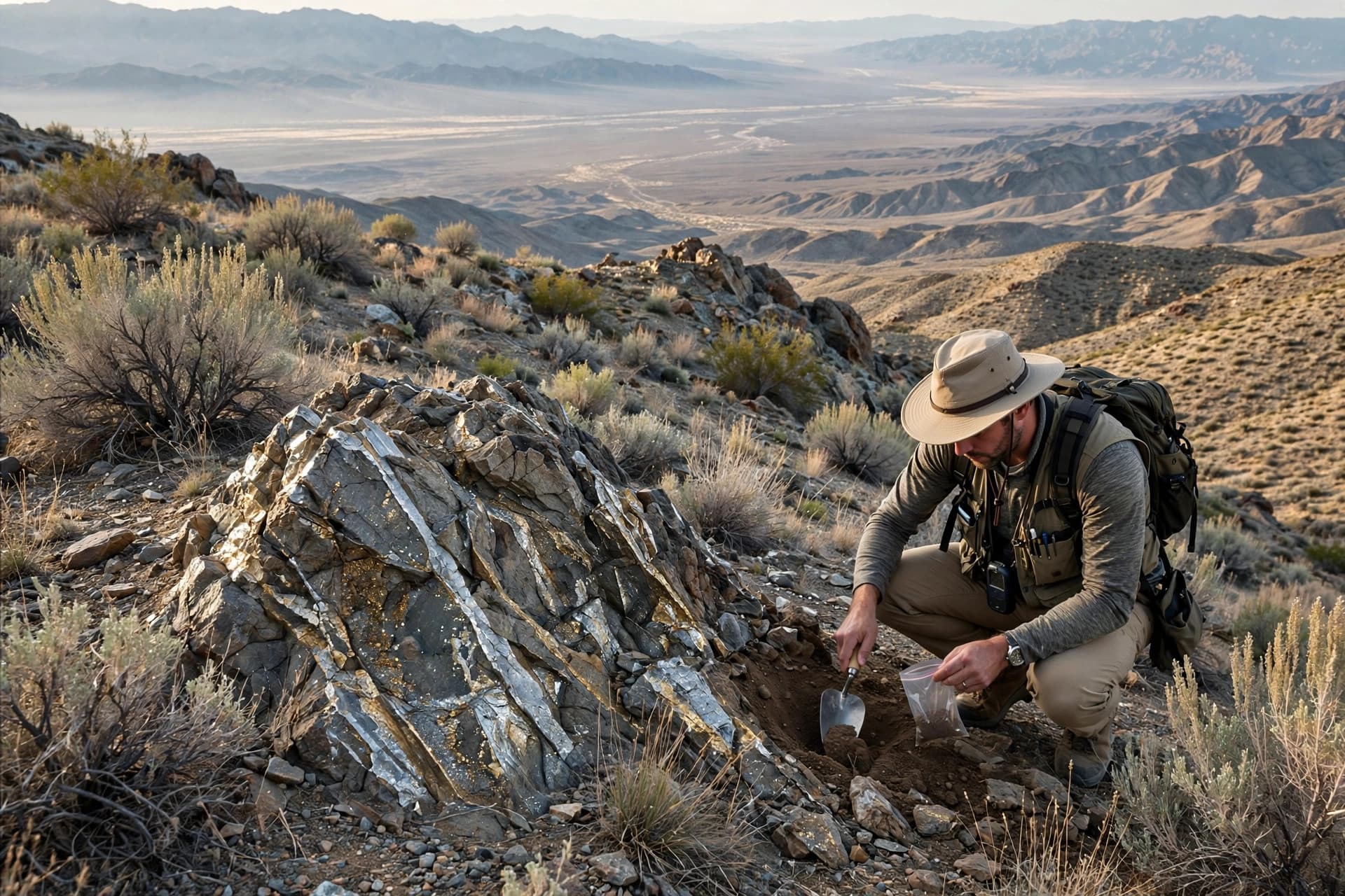 Geologist sampling soils on a sagebrush ridge in Nevada's basin-and-range high desert