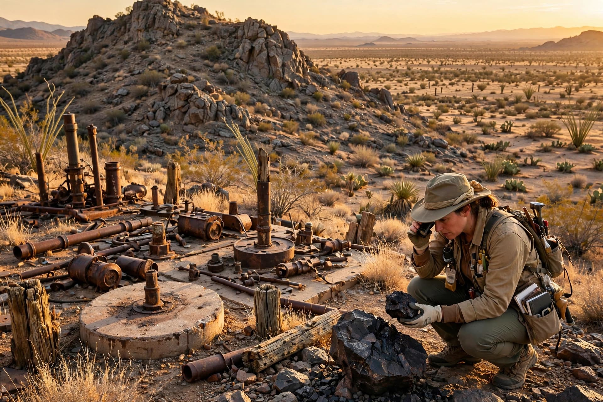 Geologist examining dark tungsten-bearing rock beside historic workings on a rugged desert mountain in Luna County, New Mexico, at golden hour
