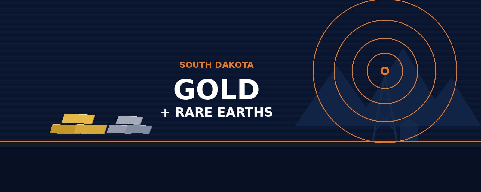 Branded South Dakota mining illustration — gold and rare earths, Black Hills skyline, Pulse tower