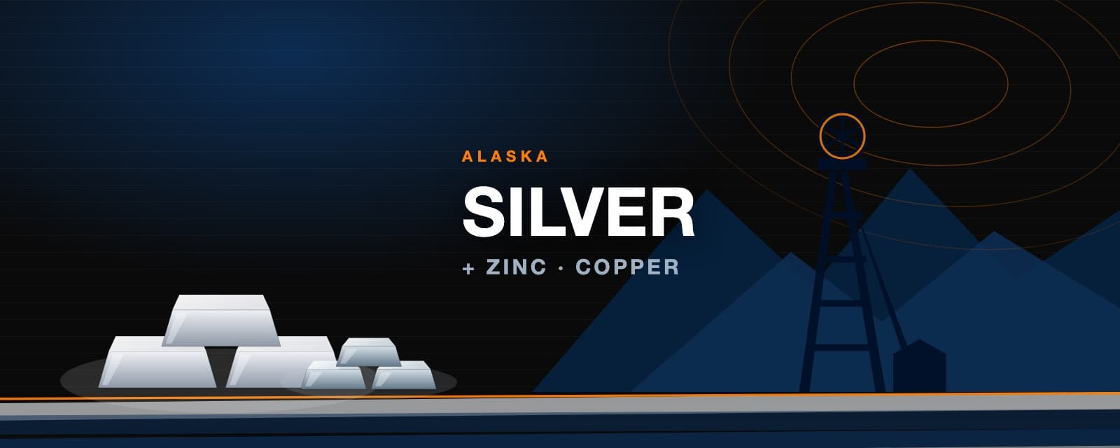 Branded silver, zinc, and copper ingot graphic over an Alaska mountain and headframe scene