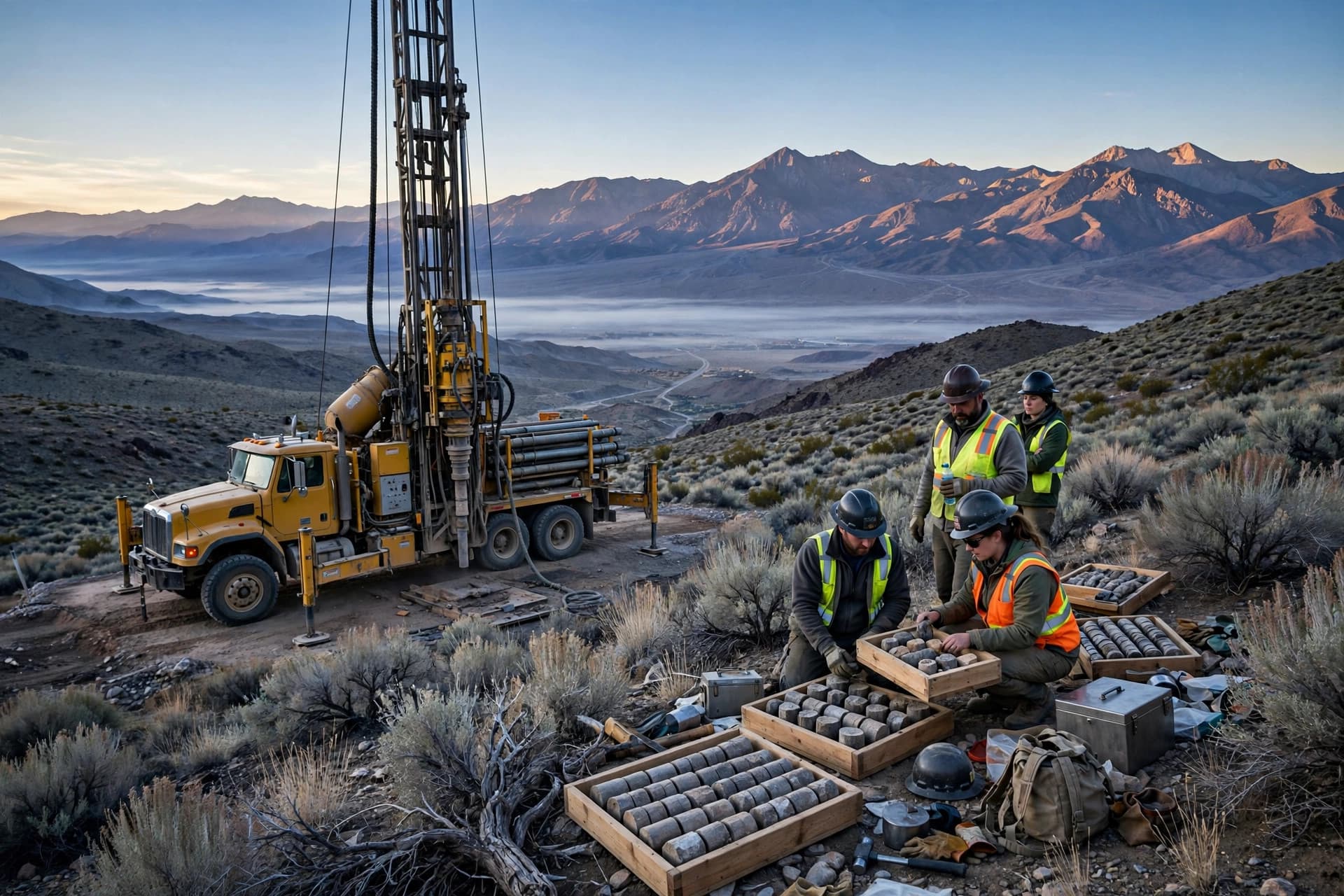 Reverse circulation drill rig on a sagebrush hillside in Nevada Walker Lane country southeast of Yerington, exploration crew with sample trays and Wassuk Range mountains behind at dawn