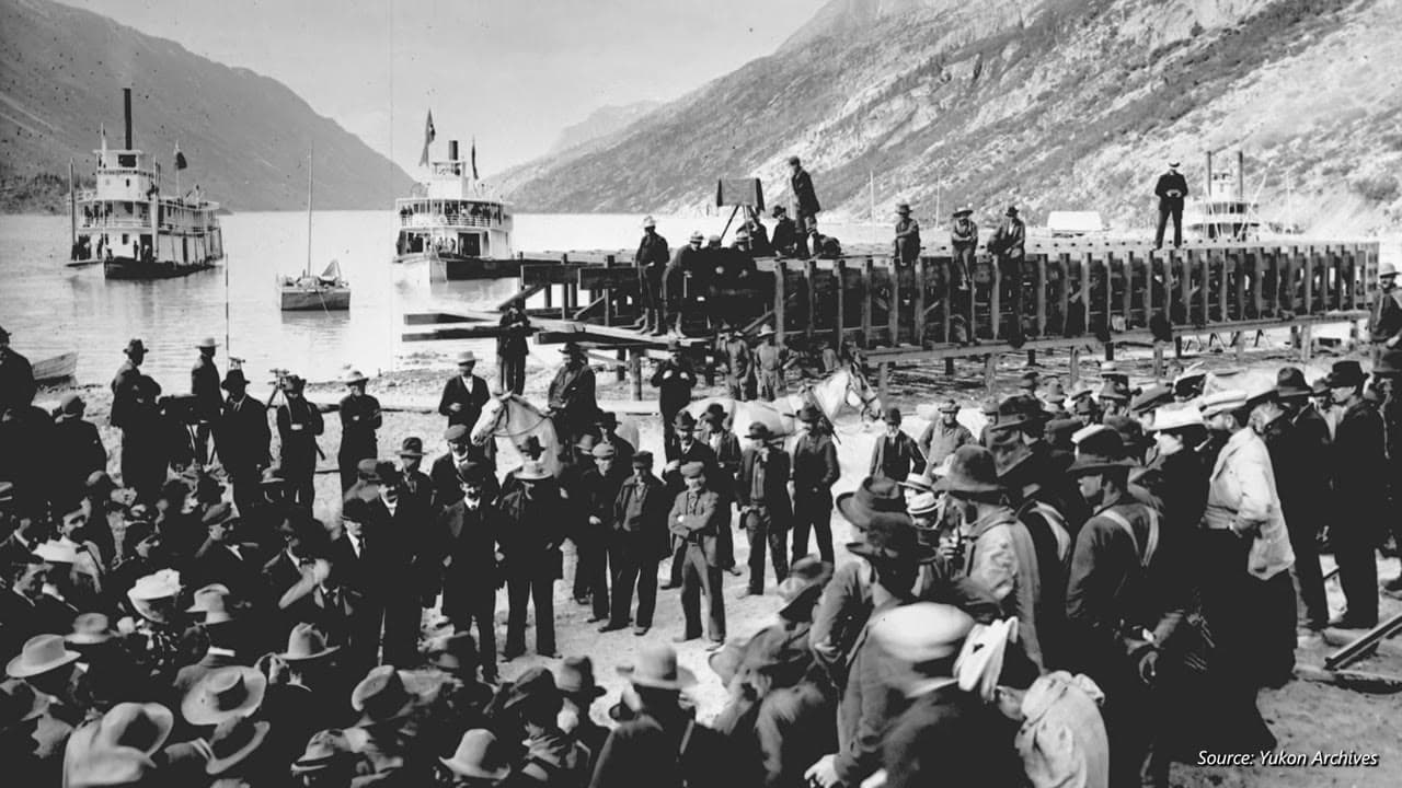 Archival Yukon Archives waterfront gathering with paddle-wheelers