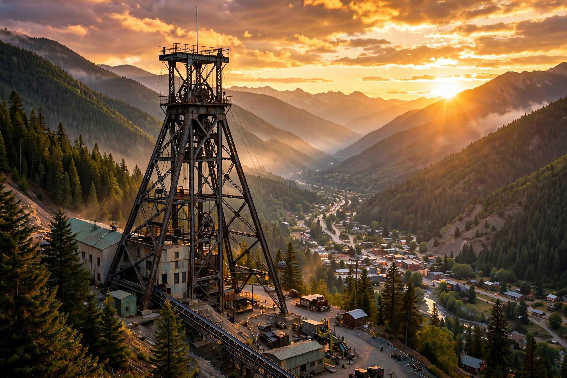 The Bunker Hill mine works in Idaho's Silver Valley at golden hour